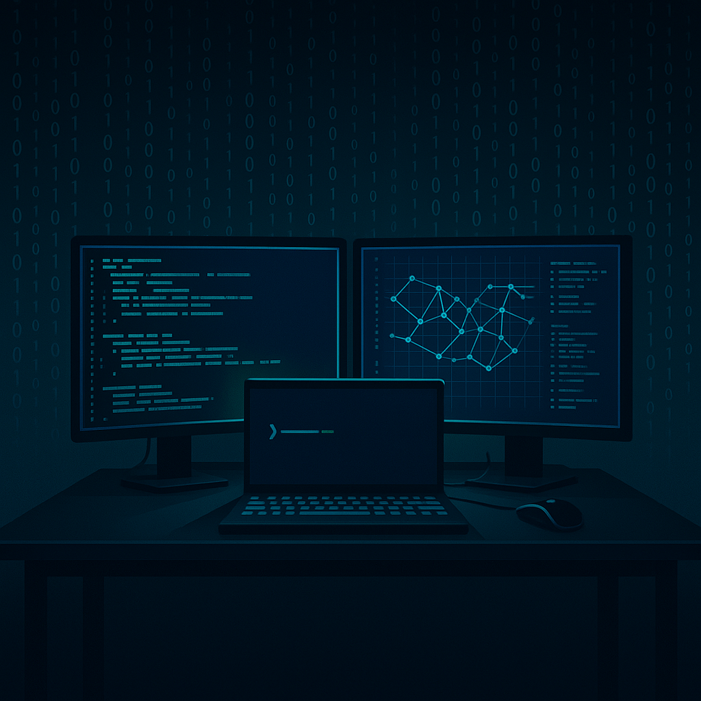 Cyberpunk-style hacker workspace with multiple monitors and code